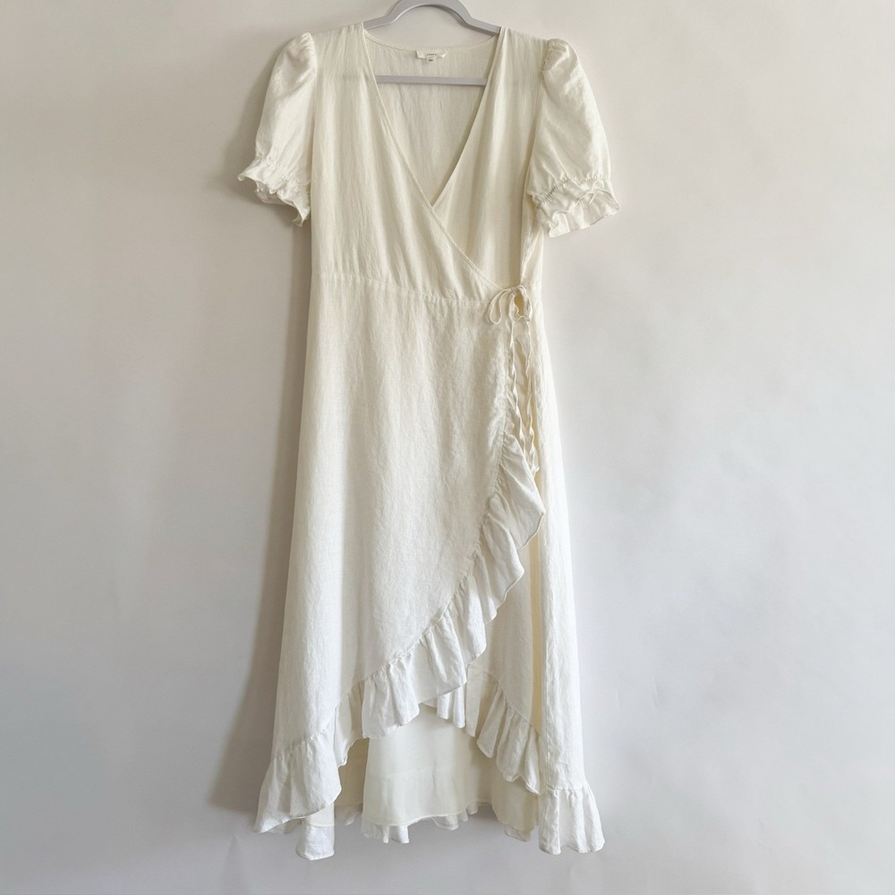 Women's Cream Wrap Midi Dress with Ruffle Hem